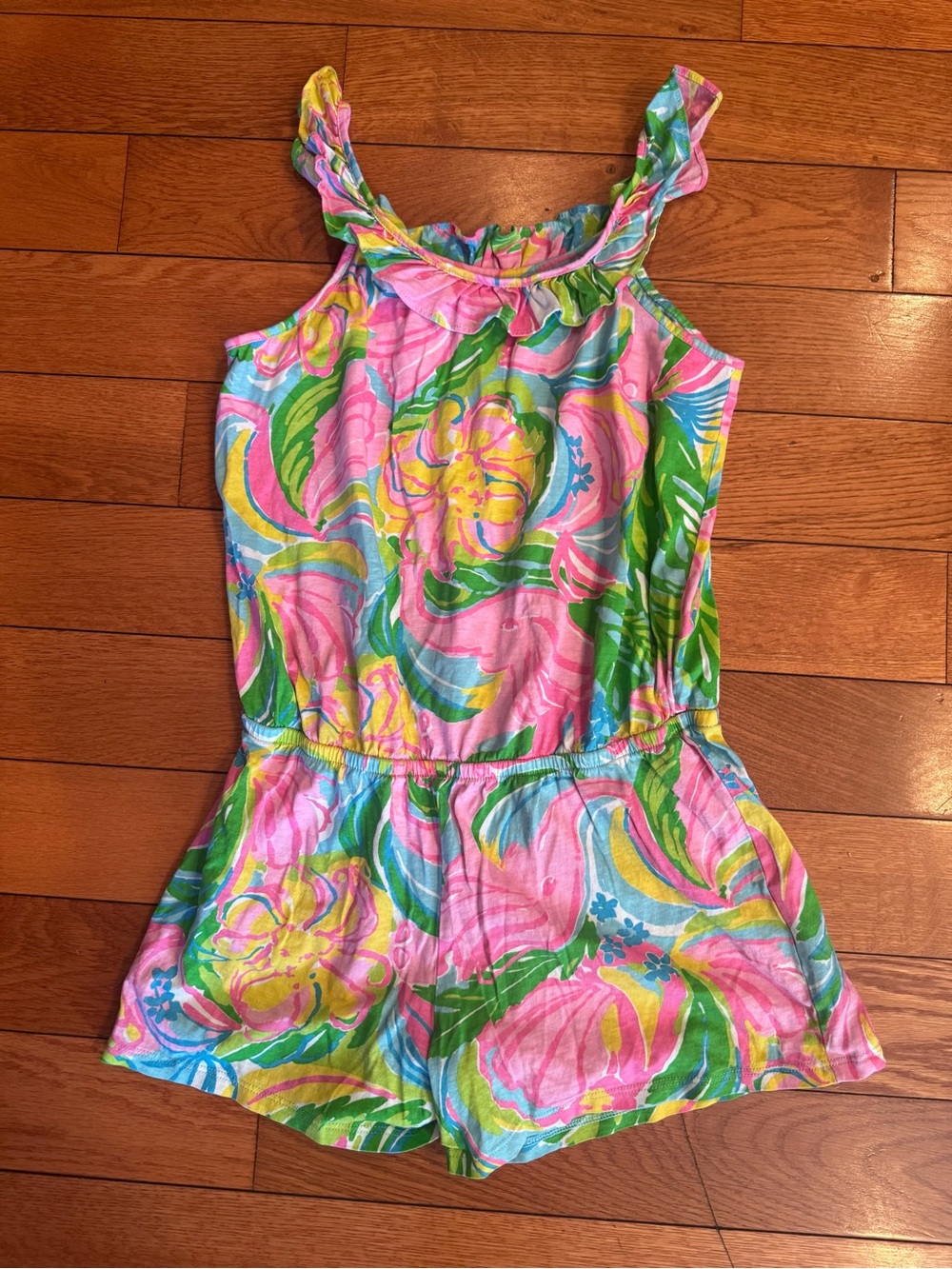 Lilly Pulitzer Girls Ruffle Neck Knit Romper "So A-Peeling" Size XL (12-14) EUC